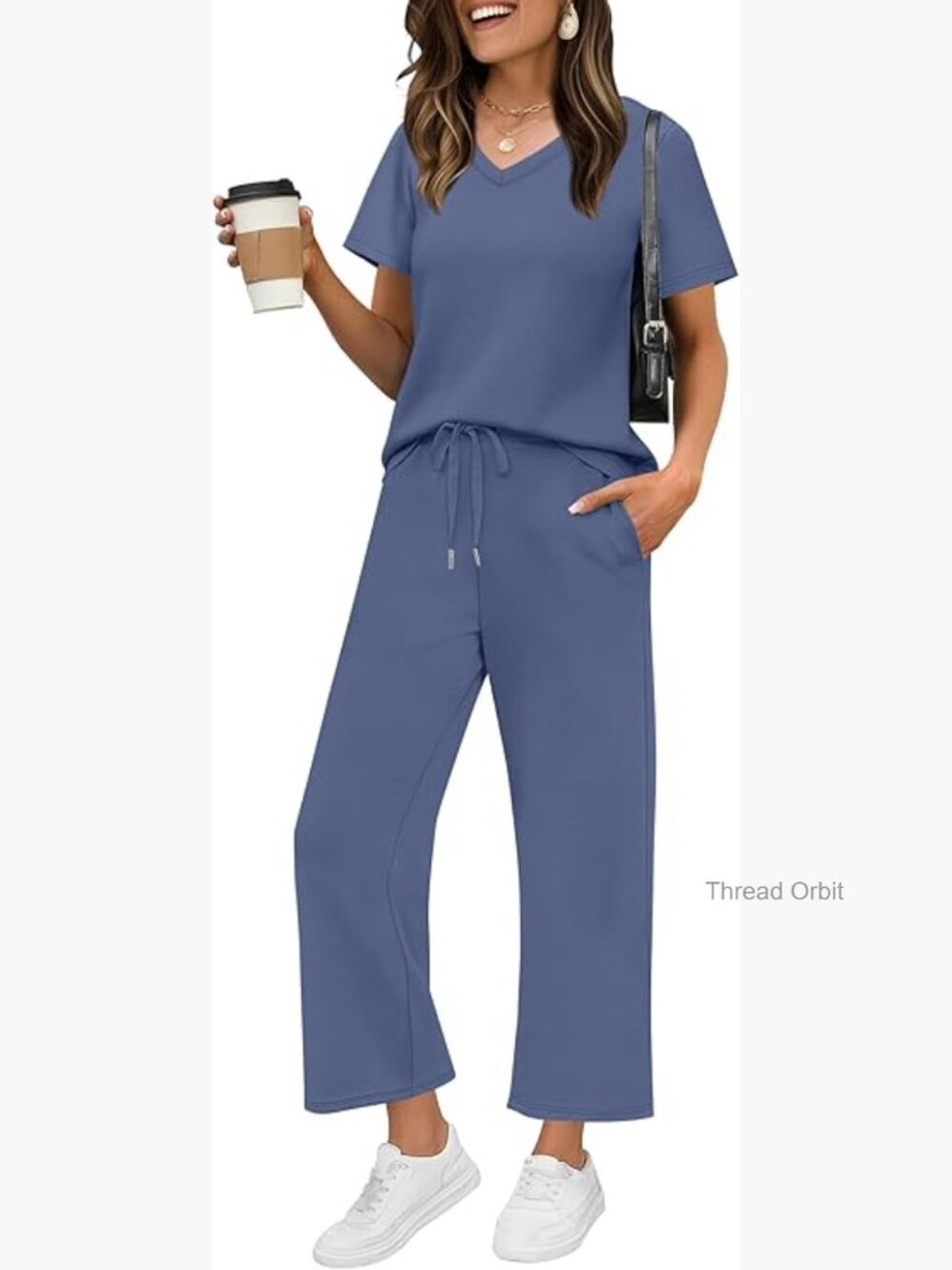 Large Polyester Blend Lounge Set with Pockets, V-Neck Pullover and Wide Leg